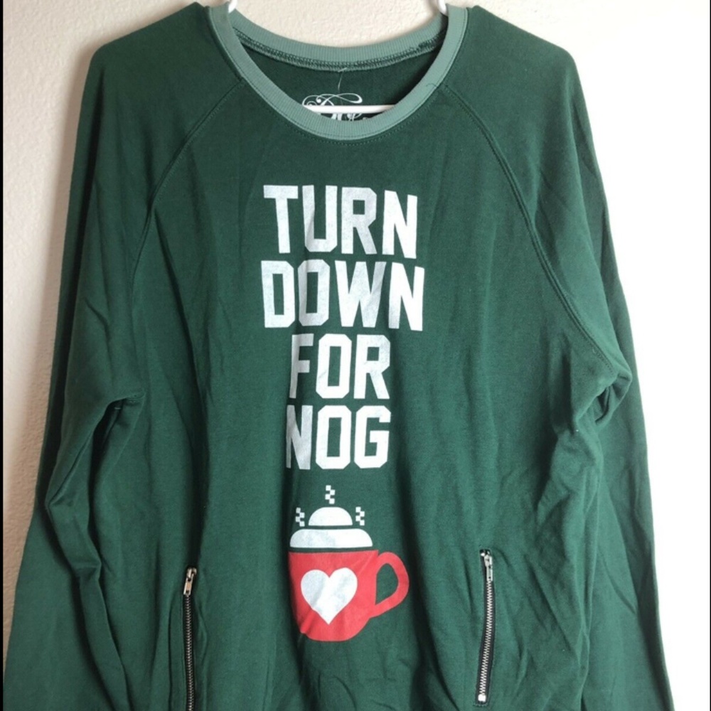DOE Women's Green Crew Neck "Turn Down For Nog" Christmas Holiday Sweater XL NWT